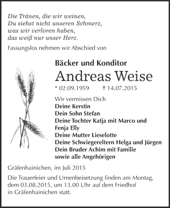 Traueranzeige von Andreas Weise von WVG - Wochenspiegel Wittenberg