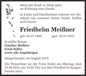 Traueranzeige von Friedhelm Meißner von Super Sonntag SGH Mansf. Land