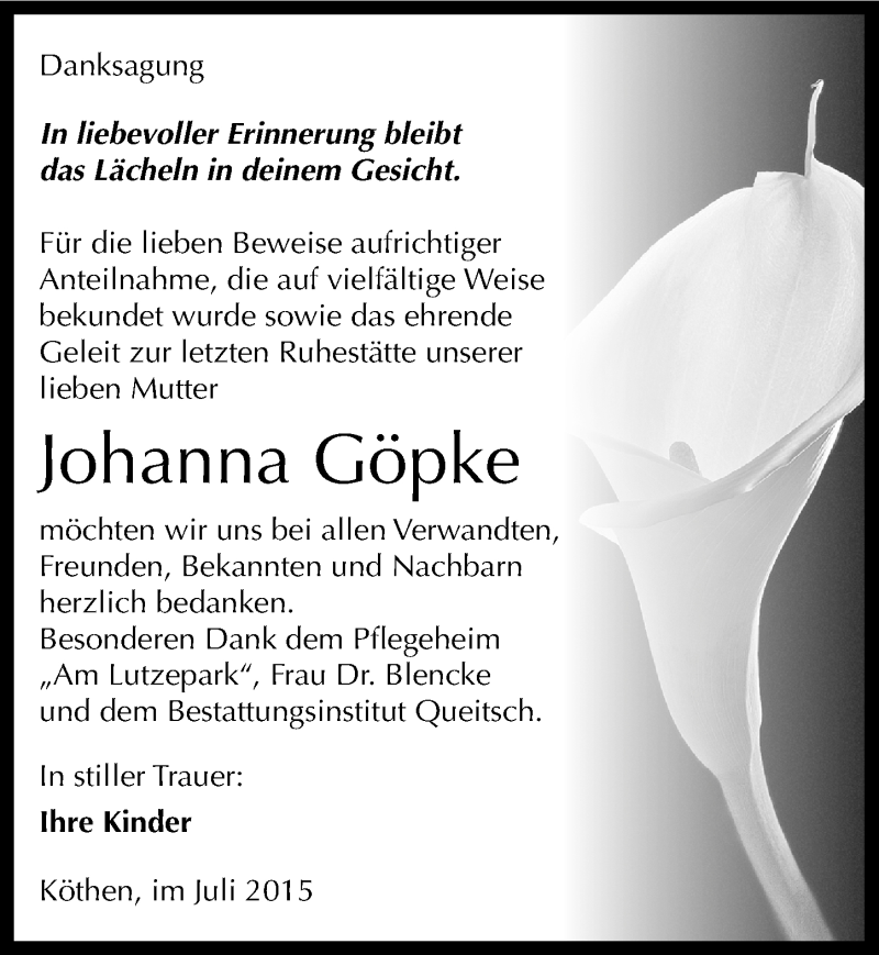  Traueranzeige für Johanna Göpke vom 25.07.2015 aus Mitteldeutsche Zeitung Köthen