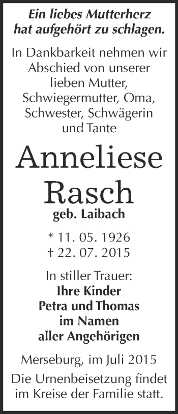 Traueranzeige von Anneliese Rasch von WVG - Wochenspiegel Merseburg