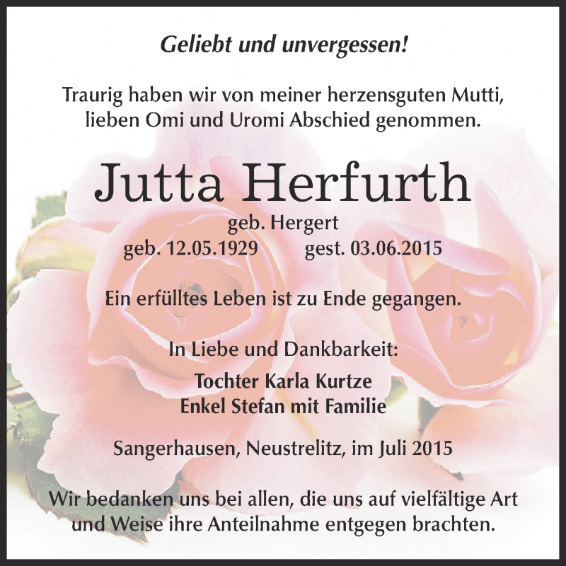  Traueranzeige für Jutta Herfurth vom 25.07.2015 aus Super Sonntag SGH Mansf. Land