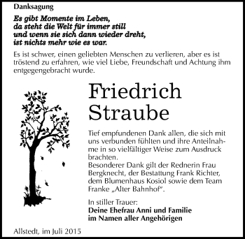 Traueranzeige von Friedrich Straube von Mitteldeutsche Zeitung Sangerhausen