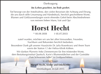 Traueranzeige von Horst Hecht von WVG - Wochenspiegel Dessau / Köthen