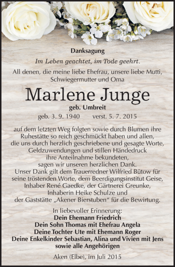 Traueranzeige von Marlene Junge von Mitteldeutsche Zeitung Köthen