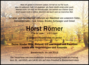 Traueranzeige von Horst Römer von Super Sonntag SGH Mansf. Land