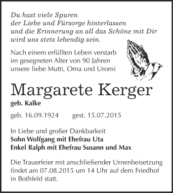 Traueranzeige von Margarete Kerger von WVG - Wochenspiegel NMB / WSF / ZTZ