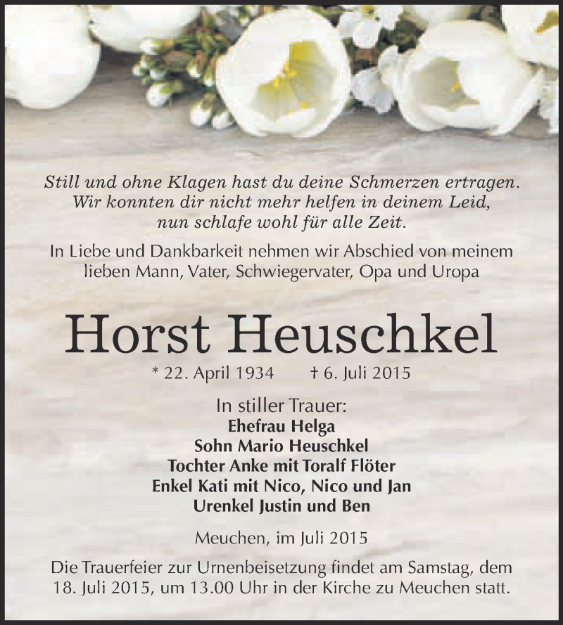  Traueranzeige für Horst Heuschkel vom 15.07.2015 aus Super Sonntag Merseburg