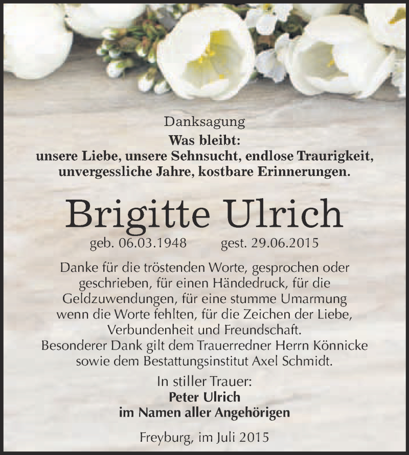  Traueranzeige für Brigitte Ulrich vom 22.07.2015 aus WVG - Wochenspiegel NMB / WSF / ZTZ