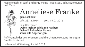 Traueranzeige von Anneliese Franke von Super Sonntag Wittenberg