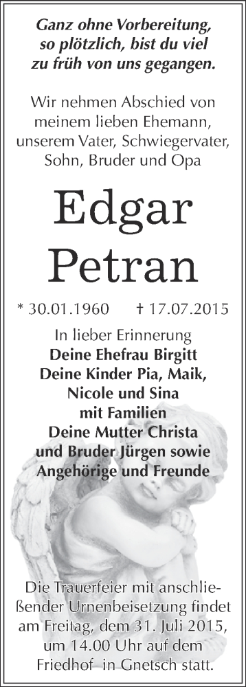  Traueranzeige für Edgar Petran vom 25.07.2015 aus WVG - Wochenspiegel Dessau / Köthen