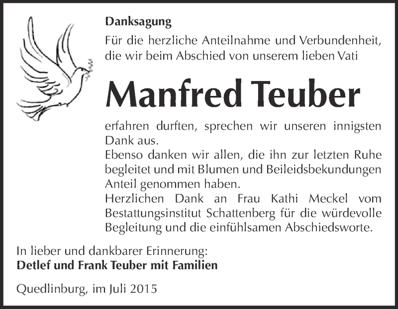  Traueranzeige für Manfred Teuber vom 15.07.2015 aus Super Sonntag Quedlinburg