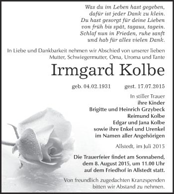 Traueranzeige von Irmgard Kolbe von Super Sonntag SGH Mansf. Land