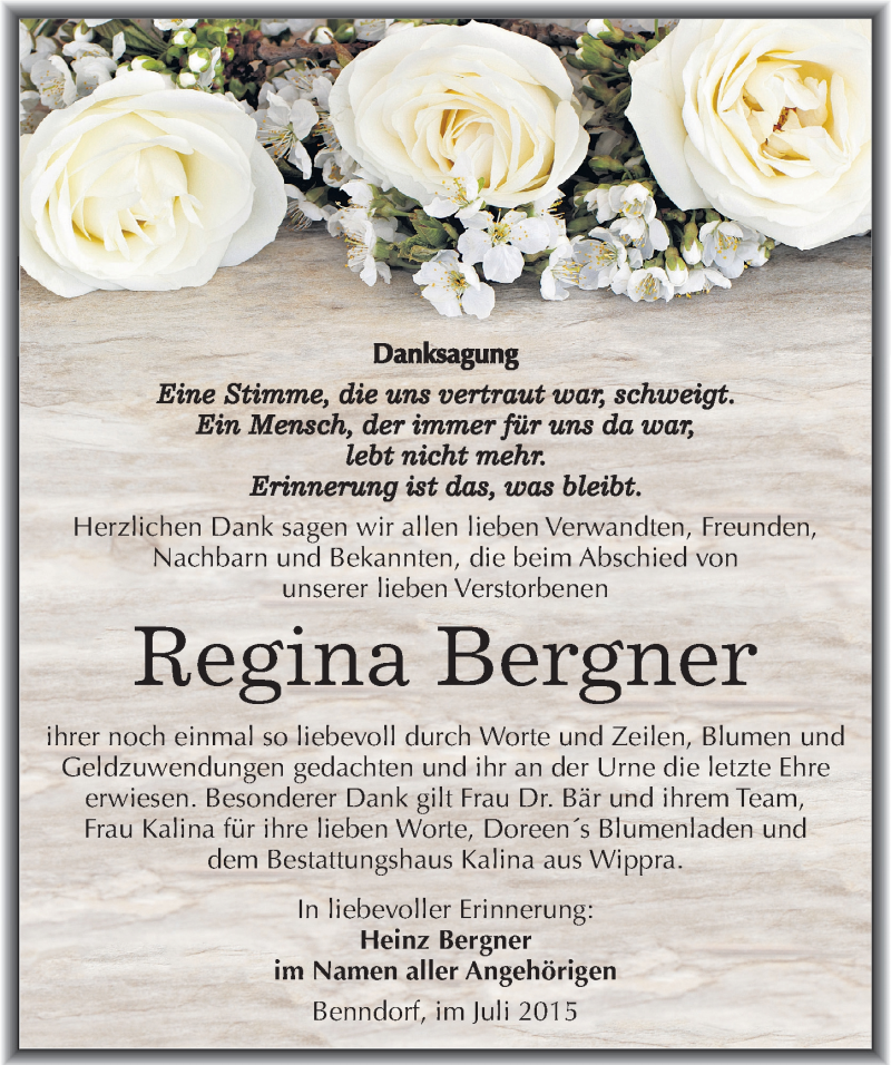 Traueranzeige für Regina Bergner vom 24.07.2015 aus Mitteldeutsche Zeitung Mansfelder Land