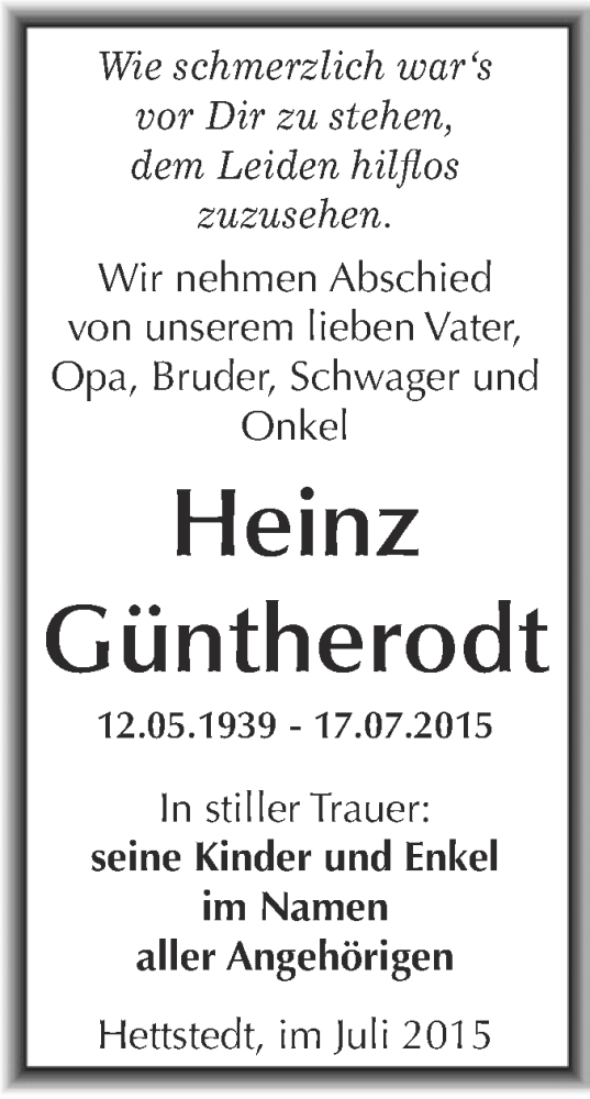  Traueranzeige für Heinz Güntherodt vom 29.07.2015 aus Wochenspiegel Mansfelder Land