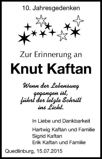 Traueranzeige von Knut Kaftan von Mitteldeutsche Zeitung Quedlinburg