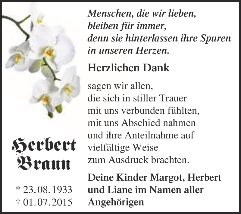  Traueranzeige für Herbert Braun vom 22.07.2015 aus WVG - Wochenspiegel Bitterfeld