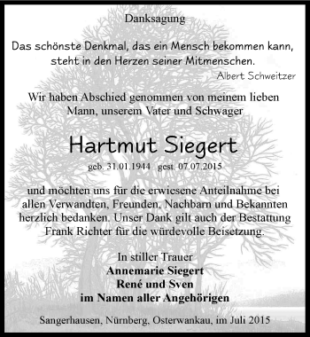 Traueranzeige von Hartmut Siegert von Mitteldeutsche Zeitung Sangerhausen