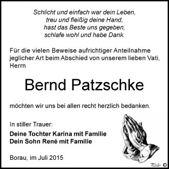 Traueranzeige von Bernd Patzschke von WVG - Wochenspiegel NMB / WSF / ZTZ