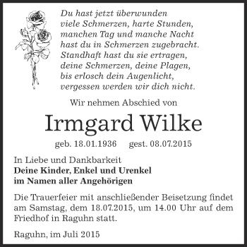 Traueranzeige von Irmgard Wilke von WVG - Wochenspiegel Bitterfeld