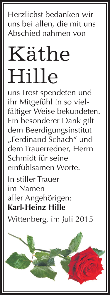  Traueranzeige für Käthe Hille vom 25.07.2015 aus Mitteldeutsche Zeitung Wittenberg
