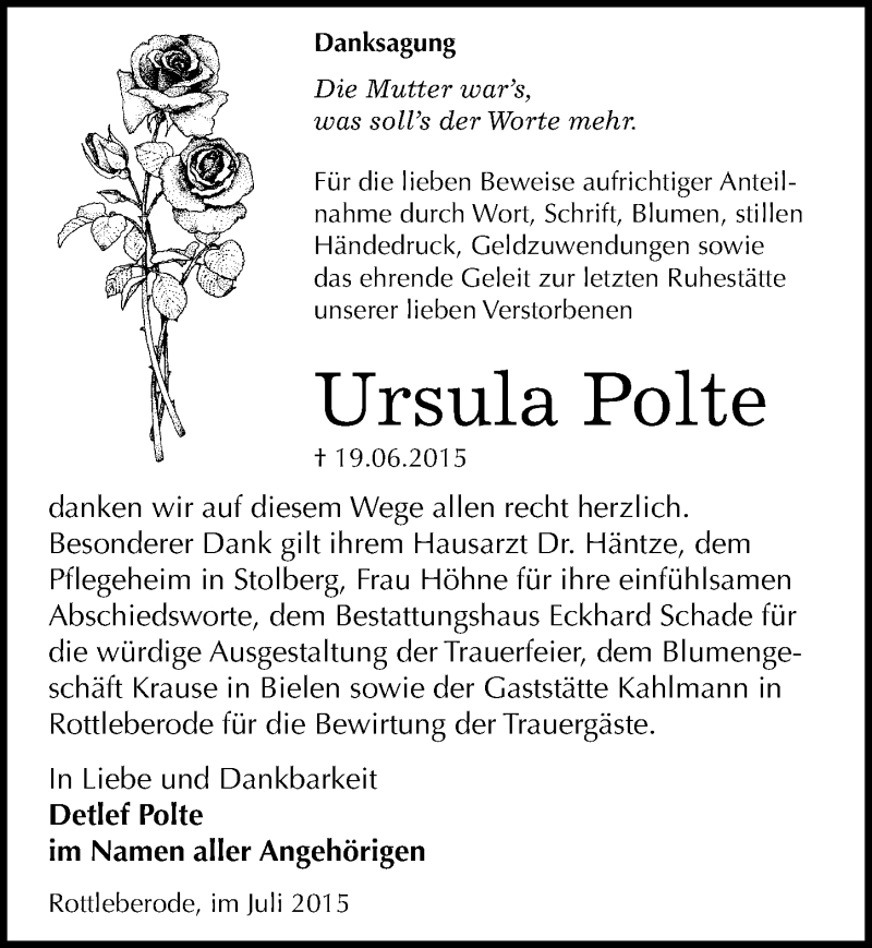  Traueranzeige für Ursula Polte vom 16.07.2015 aus Mitteldeutsche Zeitung Sangerhausen