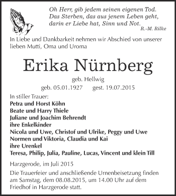 Traueranzeige von Erika Nürnberg von Super Sonntag Quedlinburg