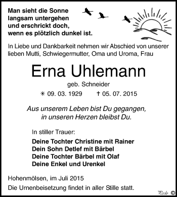 Traueranzeige von Erna Uhlemann von WVG - Wochenspiegel NMB / WSF / ZTZ