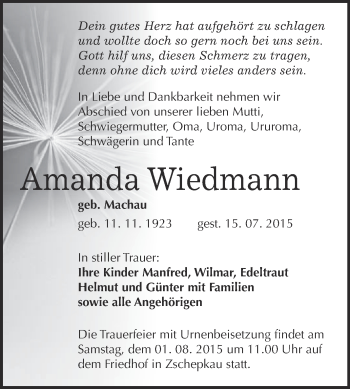 Traueranzeige von Amanda Wiedmann von WVG - Wochenspiegel Bitterfeld