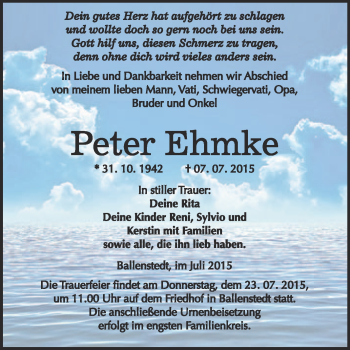 Traueranzeige von Peter Ehmke von WVG - Wochenspiegel Quedlinburg