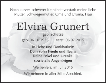 Traueranzeige von Elvira Grunert von WVG - Wochenspiegel NMB / WSF / ZTZ
