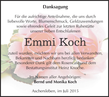 Traueranzeige von Emmi Koch von Super Sonntag Aschersleben