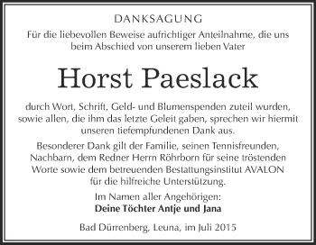 Traueranzeige von Horst Paeslack von WVG - Wochenspiegel Merseburg