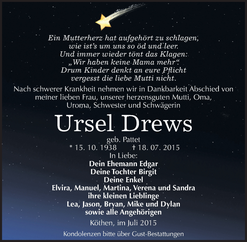  Traueranzeige für Ursel Drews vom 22.07.2015 aus Mitteldeutsche Zeitung Köthen