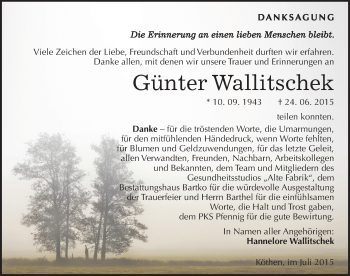 Traueranzeige von Günter Wallitschek von Mitteldeutsche Zeitung Köthen