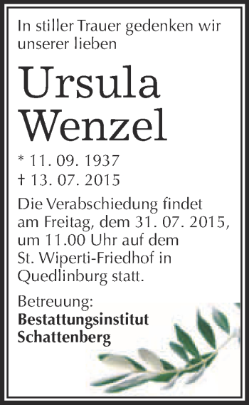 Traueranzeige von Ursula Wenzel von Super Sonntag Quedlinburg