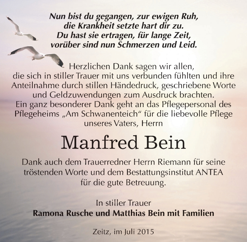  Traueranzeige für Manfred Bein vom 25.07.2015 aus Mitteldeutsche Zeitung Zeitz