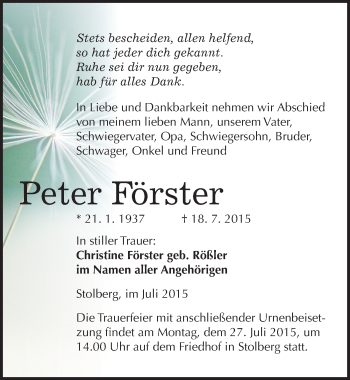Traueranzeige von Peter Förster von Mitteldeutsche Zeitung Sangerhausen