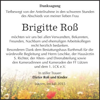 Traueranzeige von Brigitte Roß von WVG - Wochenspiegel Merseburg