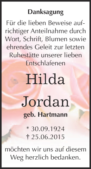 Traueranzeige von Hilda Jordan von WVG - Wochenspiegel NMB / WSF / ZTZ