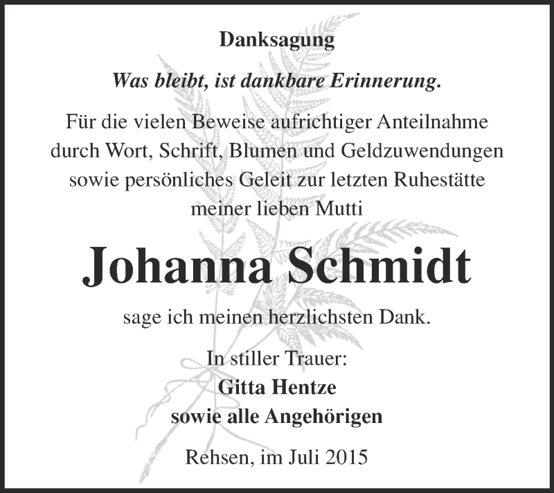  Traueranzeige für Johanna Schmidt vom 25.07.2015 aus Super Sonntag Wittenberg