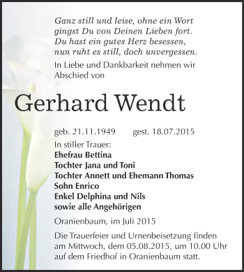 Traueranzeige von Gerhard Wendt von WVG - Wochenspiegel Wittenberg