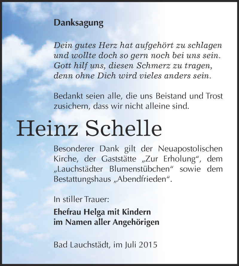 Traueranzeige für Heinz Schelle vom 22.07.2015 aus WVG - Wochenspiegel Merseburg