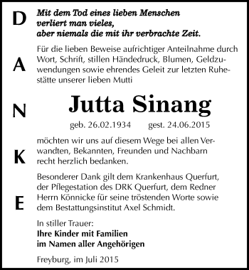 Traueranzeige von Jutta Sinang von Mitteldeutsche Zeitung Naumburg/Nebra