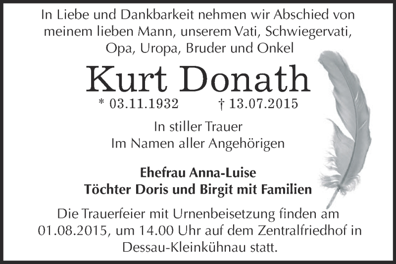  Traueranzeige für Kurt Donath vom 25.07.2015 aus WVG - Wochenspiegel Dessau / Köthen