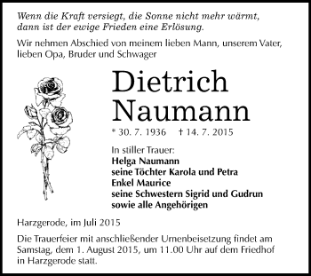 Traueranzeige von Dietrich Naumann von WVG - Wochenspiegel Quedlinburg
