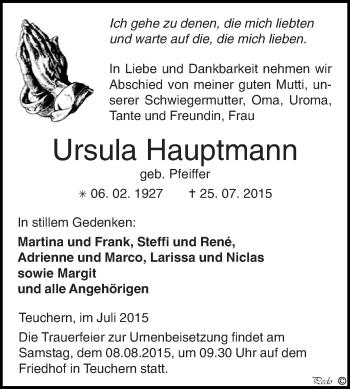 Traueranzeige von Ursula Hauptmann von WVG - Wochenspiegel NMB / WSF / ZTZ