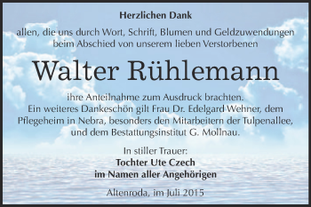 Traueranzeige von Walter Rühlemann von WVG - Wochenspiegel Merseburg