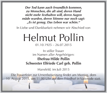 Traueranzeige von Helmut Pollin von Mitteldeutsche Zeitung Mansfelder Land