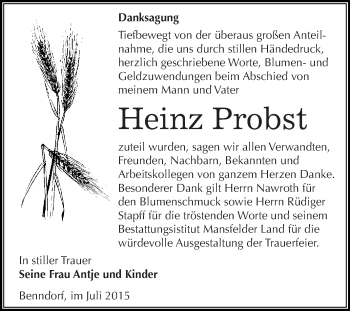 Traueranzeige von Heinz Probst von Wochenspiegel Mansfelder Land