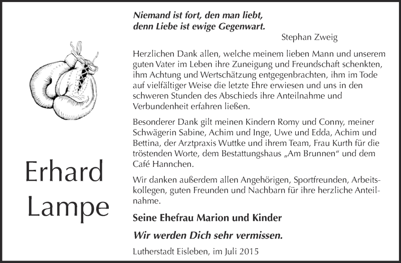  Traueranzeige für Erhard Lampe vom 29.07.2015 aus Wochenspiegel Mansfelder Land